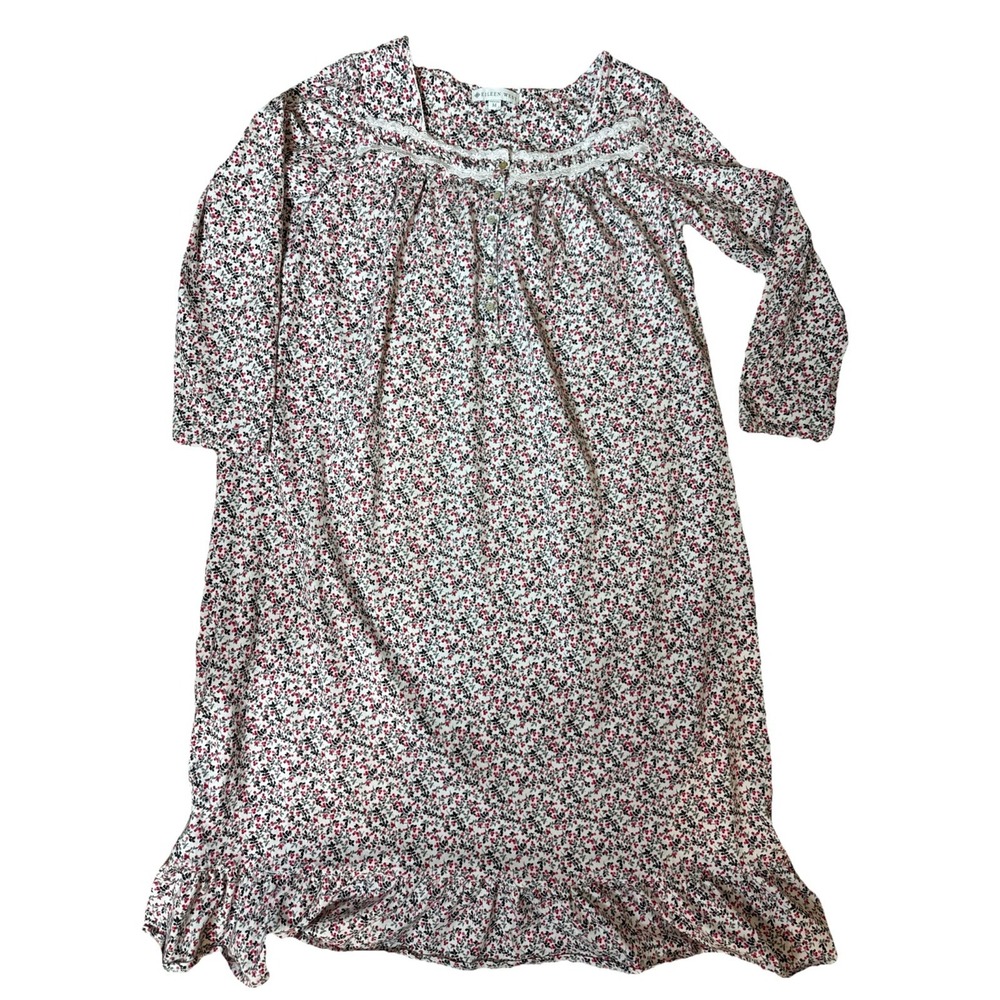 Eileen West Floral Berry Lace Trim Ruffle Hem Nightgown Long Sleeve White Red M